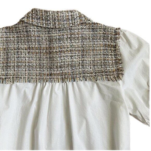 Zara White Puff Sleeve Blouse Cream Tweed Trim Contrast Button Front Shirt M - Picture 8 of 10